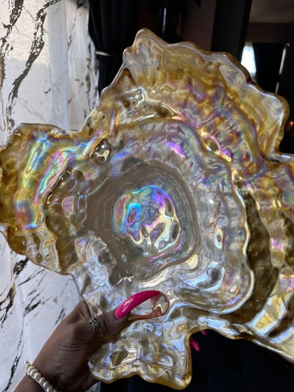 Iridescent Art Glass Freeform Amber Gold Organic Glass Sculpture Centerpiece